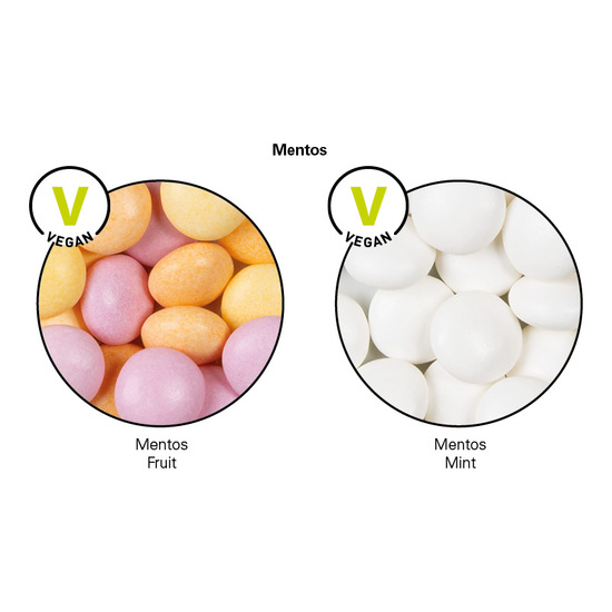 Minitüte, 8 g, Folie weiß mit ca. 50% Papieranteil, Mentos Kaudragee Fruit