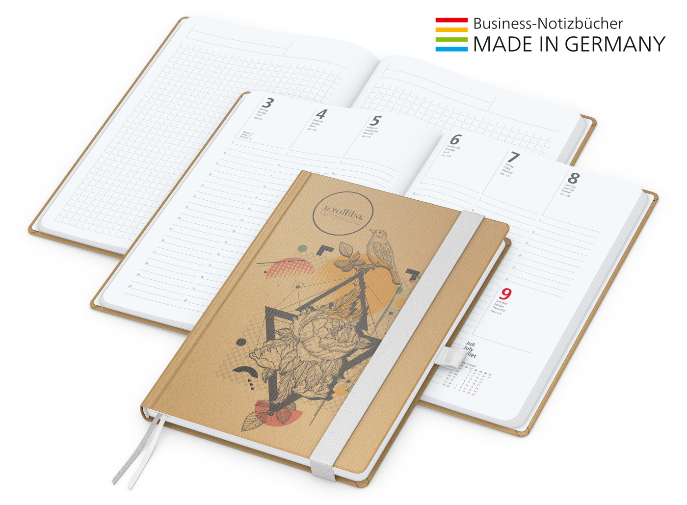 Buchkalender Match-Hybrid White Bestseller A4, Natura braun-individuell, silbergrau