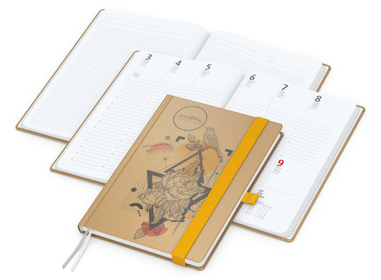 Wochenplaner Match-Hybrid White Bestseller, A5, Natura braun-individuell, gelb