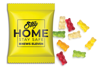 Mini-Gummibärchen vegan im Werbetütchen 10 g Fruchtmischung transparente kompostierbare Folie + weiß