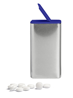 FlipTin 20 g Traubenzuckertabletten Dose: blank, Deckel: blau-transparent