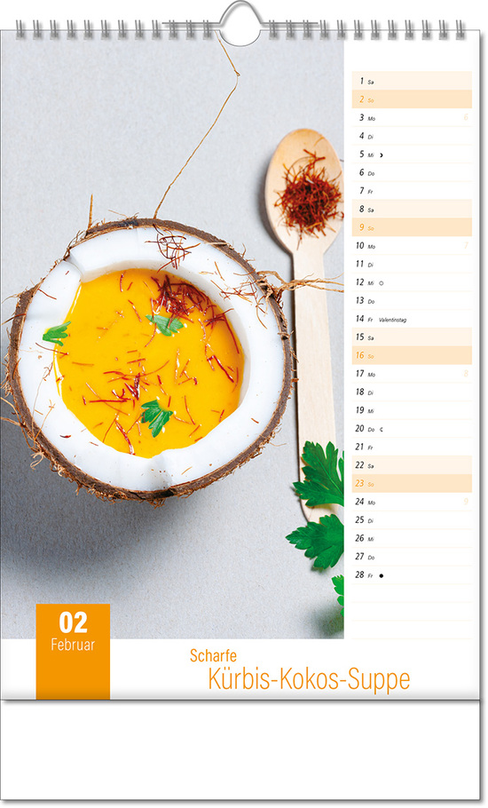 Kalender "Aromaküche" im Format 24 x 38,5 cm, mit Wire-O Bindung und verlängerter Rückwand
