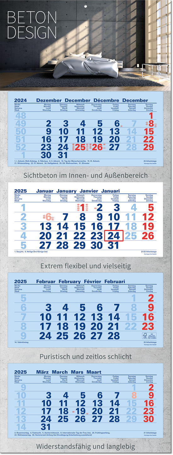 4-Monatsplaner "Junior-4" mit deutsch-mehrsprachigem Kalendarium im Format 33 x 87,5 cm, blau