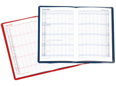 Taschenkalender "Status" im Format 9,5 x 16 cm, Kalendarium Grau/Rot, 32 Seiten gebunden + 16 Seiten ABC-Heft, eingesteckt in PVC-Hülle weiß