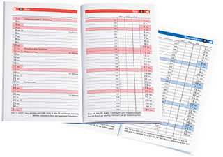 Taschenkalender "Typus" im Format 9,5 x 16 cm, Kalendarium Blau/Schwarz, 48 Seiten gebunden, eingesteckt in PVC-Hülle weiß