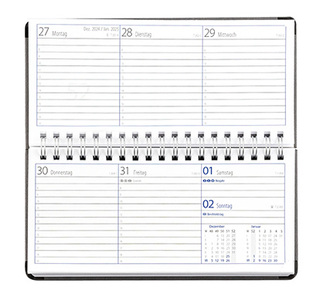 Taschenkalender "Horizontal" im Format 17 x 8 cm, deutsches Kalendarium Grau/Blau, 144 Seiten, Wire-O-Bindung, Eckenperforation, Deckelpaar Magic anthrazit