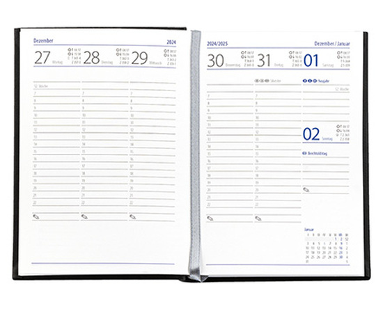 Taschenkalender "Taschenbuch Woche" im Format 10,5 x 14,8 cm, deutsches Kalendarium Grau/Blau mit Leseband, 144 Seiten Fadenheftung, Einband Fashion rot