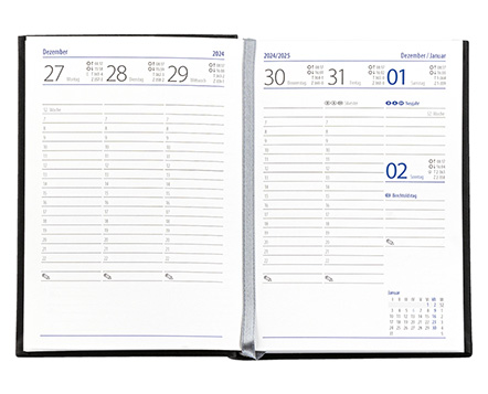 Taschenkalender "Taschenbuch Woche" im Format 10,5 x 14,8 cm, deutsches Kalendarium Grau/Blau mit Leseband, 144 Seiten Fadenheftung, Einband Magic anthrazit