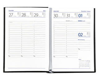 Taschenkalender "Taschenbuch Woche" im Format 10,5 x 14,8 cm, deutsches Kalendarium Grau/Blau mit Leseband, 144 Seiten Fadenheftung, Einband Magic mittelblau
