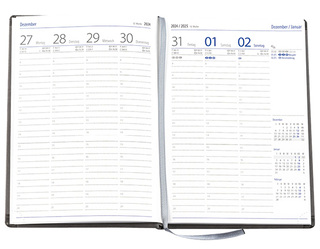 Wochenkalender "Klassik D" im Format 14,5 x 20,5 cm, deutsches Kalendarium Grau/Blau mit Leseband, 144 Seiten Fadenheftung, Eckenperforation, Einband Slinky dunkelblau