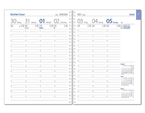 Wochenkalender "Business D Wire" im Format 17,2 x 24 cm, deutsches Kalendarium Grau/Blau, 144 Seiten, Wire-O-Bindung, mit Eckenperforation, Deckelpaar Slinky rot