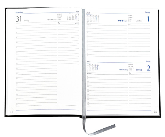 Buchkalender "Trend Chefkalender D" im Format 14,5 x 20,5 cm, deutsches Kalendarium Grau/Blau mit Leseband, 352 Seiten Fadenheftung, Eckenperforation, Einband Slinky dunkelblau