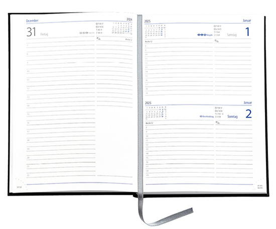 Buchkalender "Trend Chefkalender D" im Format 14,5 x 20,5 cm, deutsches Kalendarium Grau/Blau mit Leseband, 352 Seiten Fadenheftung, Eckenperforation, Einband Slinky rot