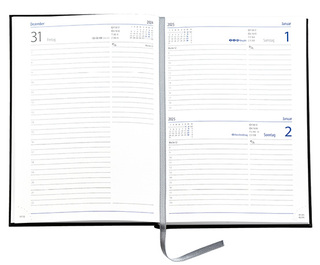 Buchkalender "Trend Chefkalender D" im Format 14,5 x 20,5 cm, deutsches Kalendarium Grau/Blau mit Leseband, 352 Seiten Fadenheftung, Eckenperforation, Einband Magic rot