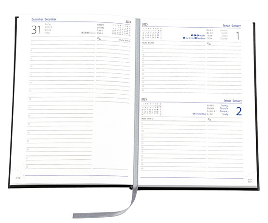 Buchkalender "Trend Chefkalender INT" im Format 14,5 x 20,5 cm, Kalendarium 4-sprachig D/F/I/GB Grau/Blau mit Leseband, 352 Seiten Fadenheftung, Eckenperforation, Einband Slinky mittelblau