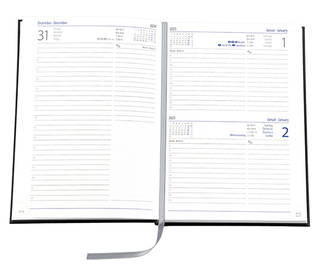 Buchkalender "Trend Chefkalender INT" im Format 14,5 x 20,5 cm, Kalendarium 4-sprachig D/F/I/GB Grau/Blau mit Leseband, 352 Seiten Fadenheftung, Eckenperforation, Einband Slinky schwarz