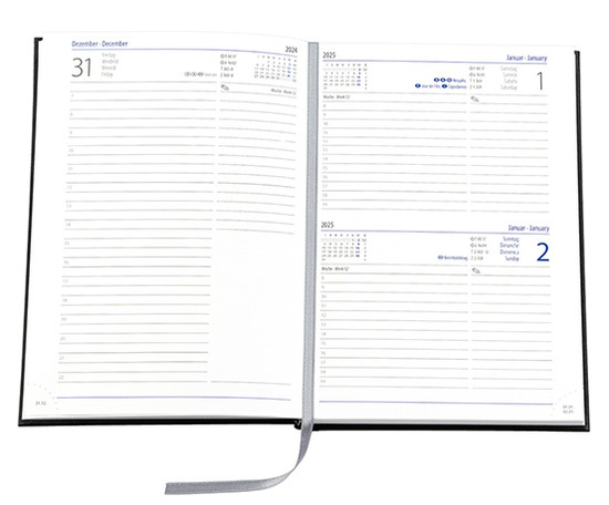 Buchkalender "Trend Chefkalender INT" im Format 14,5 x 20,5 cm, Kalendarium 4-sprachig D/F/I/GB Grau/Blau mit Leseband, 352 Seiten Fadenheftung, Eckenperforation, Einband Fashion dunkelblau