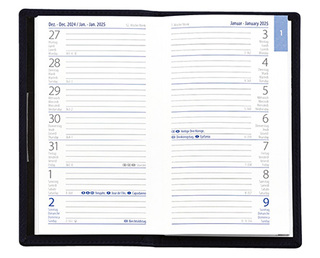 Taschenplaner "Exquisit" im Format 9,5 x 16 cm, Kalendarium 4-sprachig D/F/I/GB Grau/Blau, 64 Seiten gebunden + 16 Seiten ABC-Heft, eingesteckt in Slinky-Hülle mittelblau