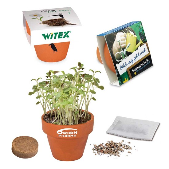 Logo-Töpfchen Banderole mit Samen - Gartenkresse