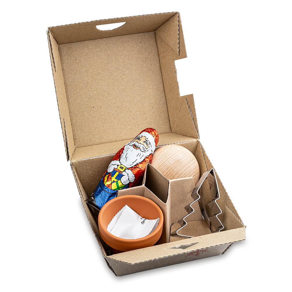 Geschenk-Set Xmas - V6 - Tontöpfchen mit Fichtensamen, Schoko-Nikolaus, Backförmchen Tannenbaum, Handschmeichler