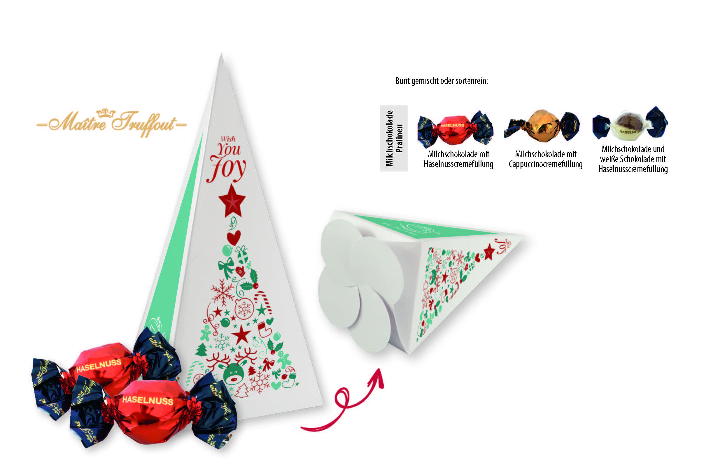 Weihnachtspralinés in Motivkartonage "Tannenbaum", Inhalt: Pralinen Milchschokolade und weiße Schokolade mit Haselnusscremefüllung ca. 120 g