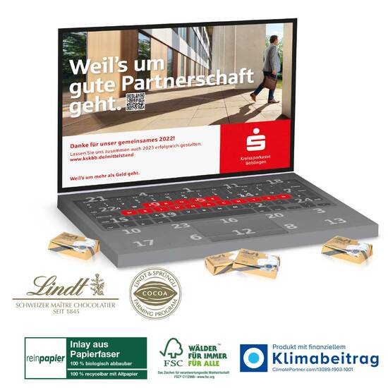 Adventskalender „Laptop“ Lindt Organic mit Lindt Schokotäfelchen