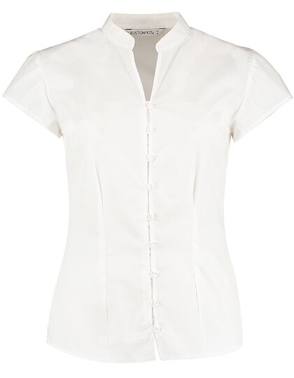 Tailored Fit Poplin Contintental Blouse Mandarin Collar Cap Sleeve